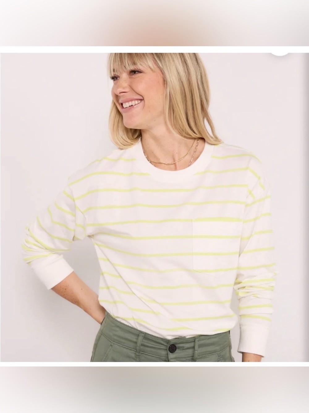 Evereve Ever White with Pale Yellow Stripes Perfect Long Sleeve Top Size S
